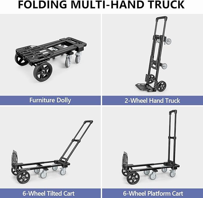 KEDSUM 3-in-1 Convertible Hand Truck Dolly, 600LBS Heavy Duty Dolly Cart with Wheels, Dolly Cart with Adjustable Handle & Caster Wheels for Home,Office,School, 6 Wheels Innovative Design, Collapsible