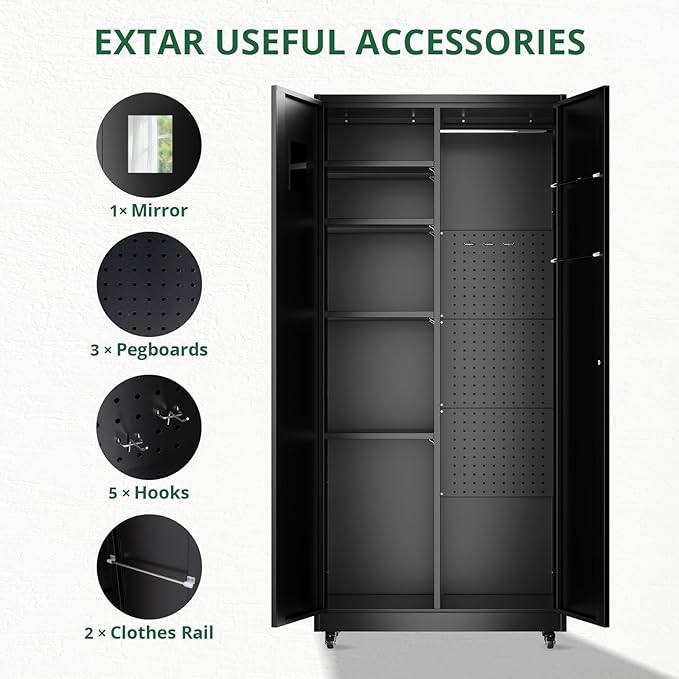Synorla Metal Storage Cabinet with Lock, 72" Clothing Coat Steel Wardrobe Cabinet with Wheel, Tall File Tool Cabinet Employees Locker Closet with Hanging Rod for Home Office, Garage, Gym