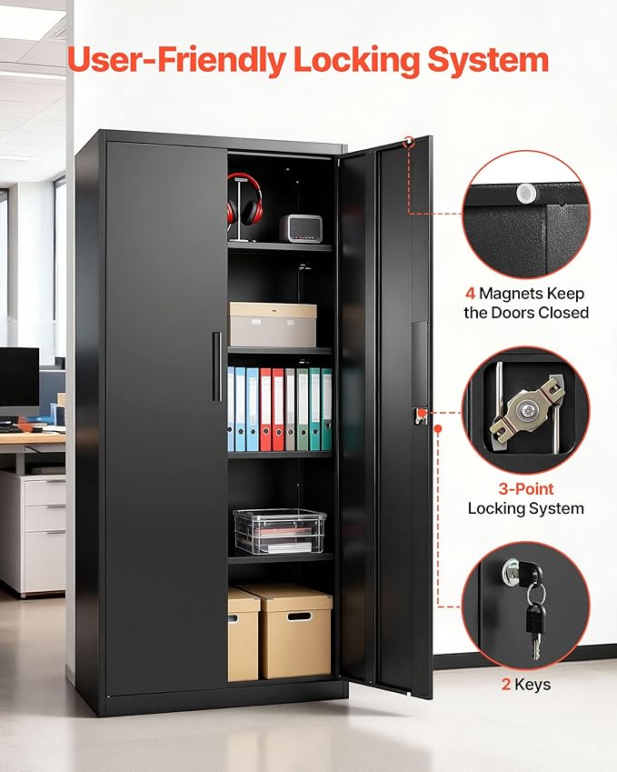 VEVOR Metal Storage Cabinet, Steel Garage Cabinet with Lockable Magnetic Doors and Adjustable Shelves, 2 Keys, 5-Tiers Tall Tool Cabinet Locker for Home, Office, Pantry, Warehouse, Laundry, Black