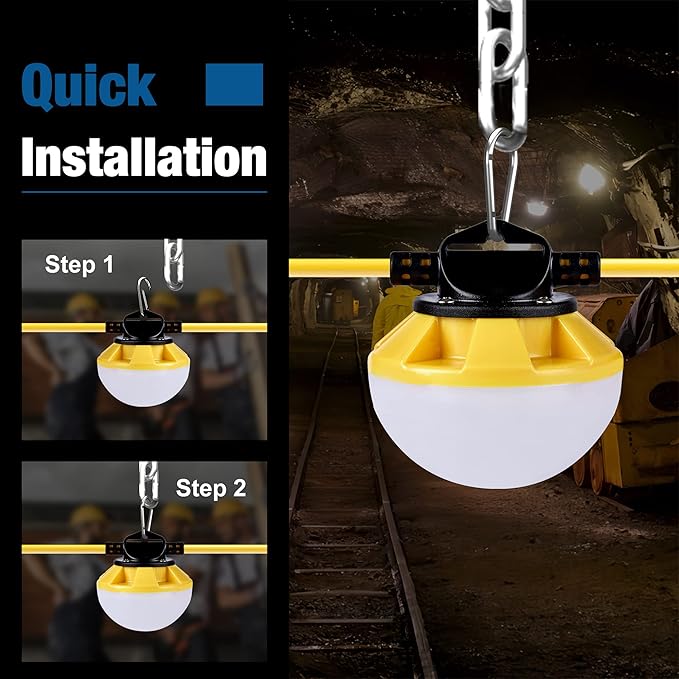 50FT Construction String Lights, IP65 Waterproof ETL Certified LED String Work Lights, 5000K Daylight 18AWG Wire Linkable Temporary Construction Lighting for Jobsite with 5 Bulbs & Hooks