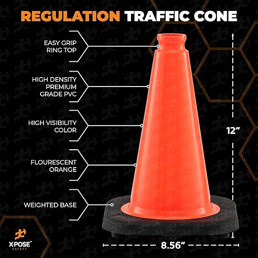 Xpose Safety 12 Inch Orange Traffic Cones, 6-Pack - Multipurpose PVC Plastic Safety Cone for Parking, Soccer, Caution, Kids and Construction - DOT Approved