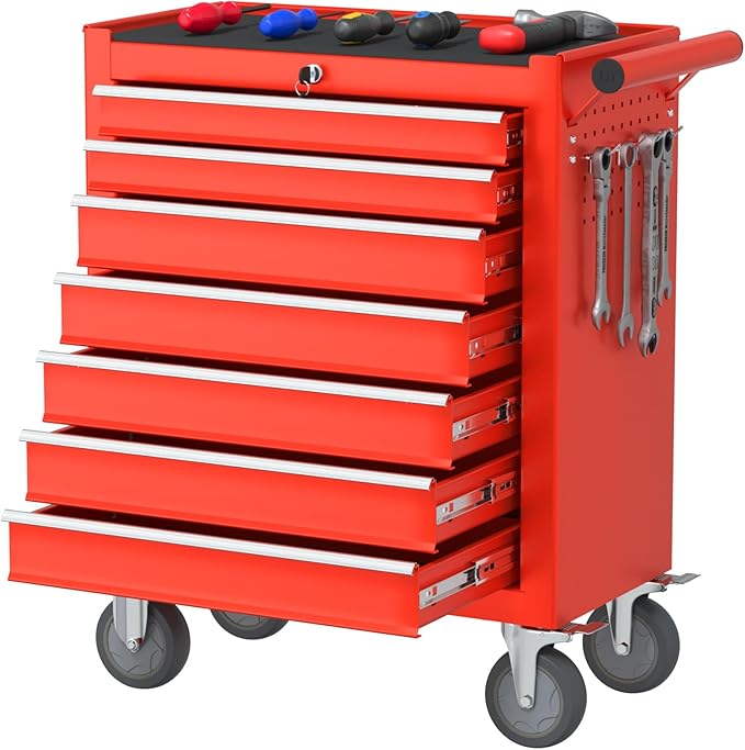 7-Drawer Rolling Tool Chest with Wheels, Metal Tool Box, Large Capacity Tool Storage Cabinet with Keyed Locking, Tool Organizer Box for Garage, Workshop, Warehouse (Red)