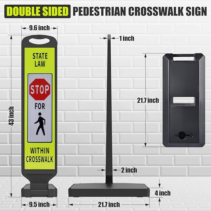 2 Pack 43" x 9.6" inch Double Sided Pedestrian Crosswalk Sign, 21.8" x 9.6" x 4" Durable HDPE Water Filled Base, Portable High Visibility Reflective Traffic Safety Parking STOP Signs (Yellow Green-2Pack)