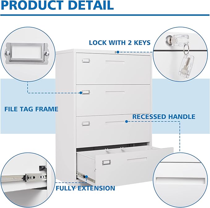 4 Drawer File Cabinet with Lock Metal Lateral File Storage Cabinet Office Home Steel Lateral File Cabinet for A4 Legal/Letter Size Wide File Cabinet Locked,Assembly Required (4 Drawer, White)