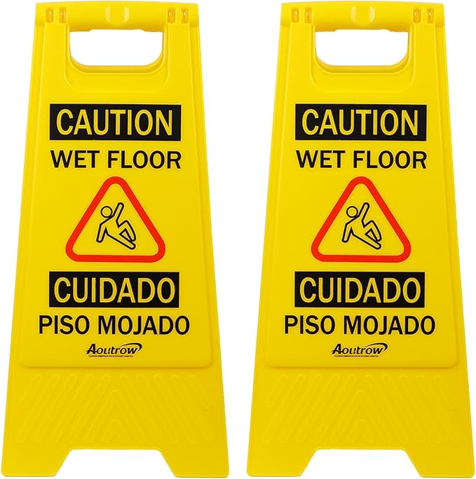 Caution Wet Floor Sign, （L:17.12in W:8.38in H:0.94in）2-Sided Foldable Safety Sign for Commercial Use, A Frame Caution Sign Bilingual Warning Signs, Yellow (yellow 2pack)