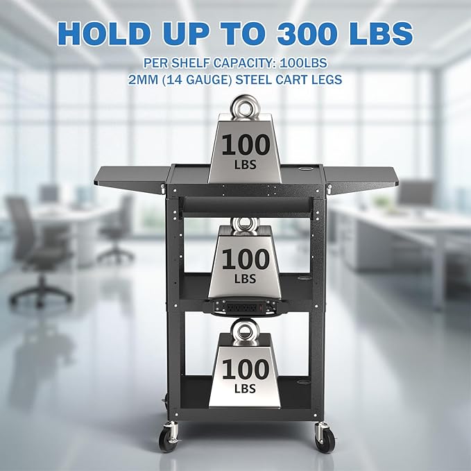 Large Steel AV Cart with Power Strip & Drop Leaves - Height Adjustable Metal Madia Cart with Wheels - Heavy Duty Rolling Computer Workstation for Laptop Projector Printer TV, Black (46" x 18")
