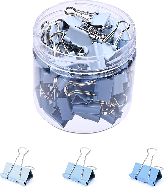 Temiary Aesthetic Binder Clips, 60 Pcs 0.6 Inches Small Metal Binder Clip with Clear Storage Container, Binding Paperwork Clamps for School Teachers Office Supplies (Blue)