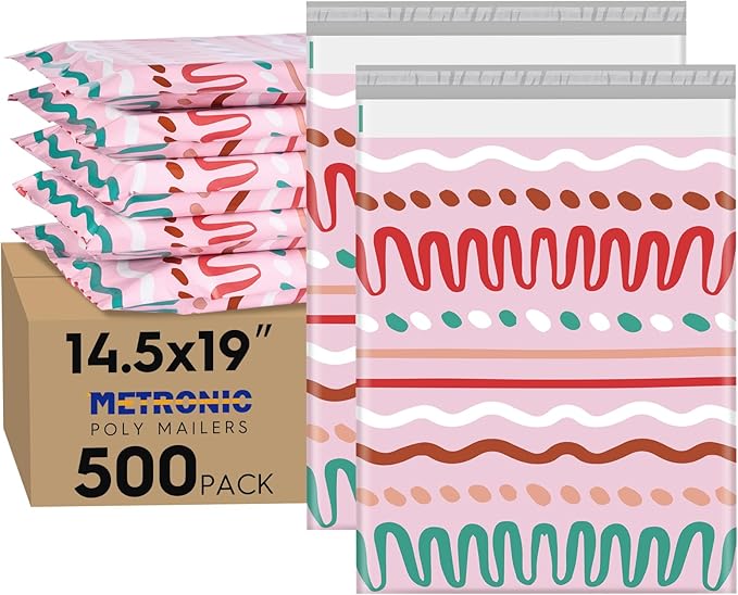 Metronic Poly Mailers 14.5x19 Inch 500pc Shipping Bags for Clothes,Self Adhesive Shipping Envelopes for Small Business,Waterproof Mailers Poly Bags for Shipping,Packaging Mailing Bags Pink Squiggles