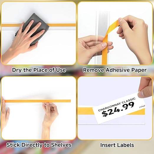 50 Pcs Shelf Label Strips, Self Adhesive Shelf Label Holder, 1.5''H x 48''L with 50 White Labels Sheets Price Tag Holder Clear Plastic Shelves Clip for Supermarket Gondola Shelving (Clear)