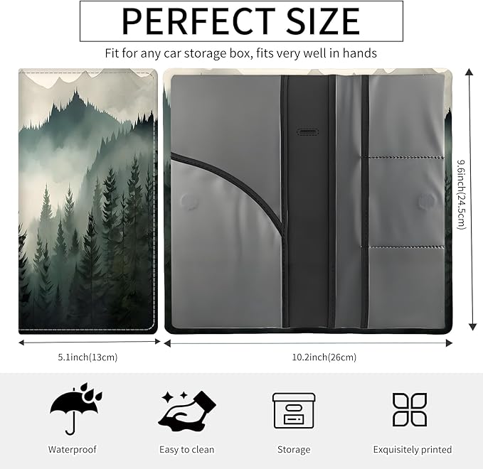 Premium Car Registration and Insurance Card Holder, Cute PU Leather Car Document Holder, Vehicle Glove Box Car Organizer with Magnetic Closure for Driver License, Cards Forest Green Mountains