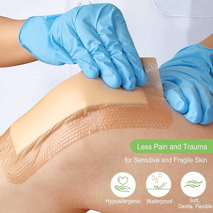 NeuHeils Silicone Super Absorbent Wound Dressing, 4x8 Inch (10 Pack), 2x6 Inch Absorbent Pads | Post-Surgery, Bed Sores, Pressure Ulcers | Self-Adhesive Bandage for Surgical Wounds & Cuts