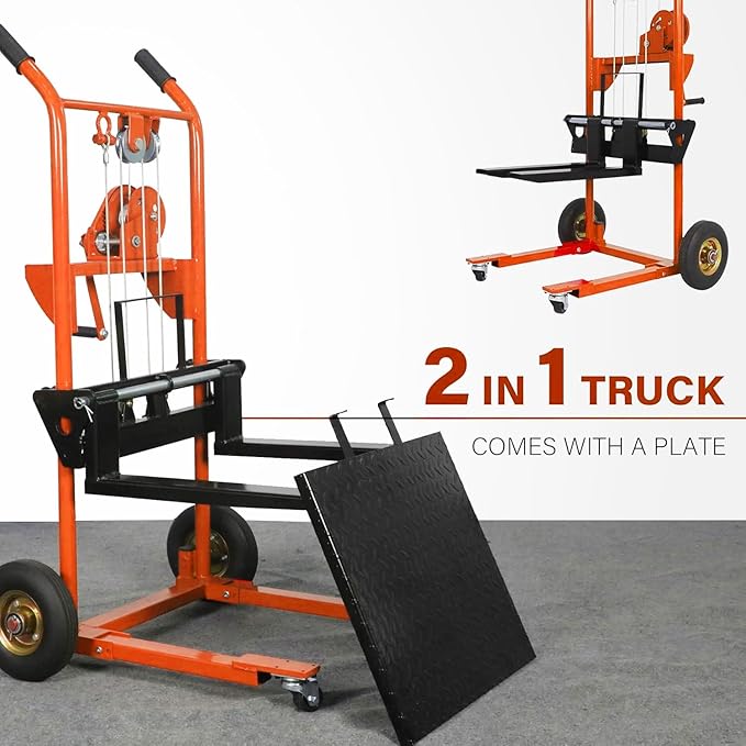 Material Lift Winch Stacker, 440 lbs Capacity Table Cart, 35.4" Lifting Height Manual Forklift Stacker, Pallet Jack Truck Dolly with Swivel Casters and Lift Plate (Orange)