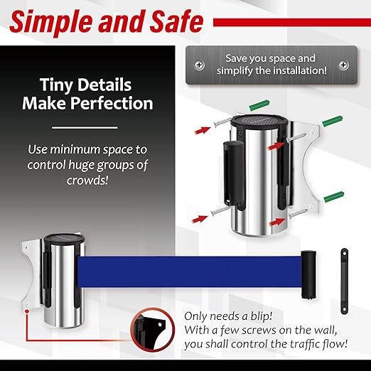 DuraSteel Wall Mount Crowd Control Retractable Belt Barrier - 9.2 Ft Blue Retractables Barrier Belt w/Stainless Steel Casing - Do Not Enter Crowd Control Barriers NOT Stanchions with Retractable Belts