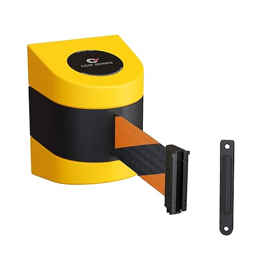 Crowd Control Warehouse - CCW Series WMB-220 Fixed Wall Mount Retractable Belt Barrier - 15 Foot, Black and Orange Diagonal Belt with Yellow ABS Case