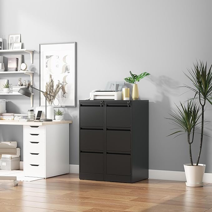 3 Drawer File Cabinet with Lock, Vertical Filing Cabinets for Home Office, Metal Storage Cabinets, Heavy Duty File Cabinet for Letter/Legal/A4/F4 Size Amssebly Required, Black