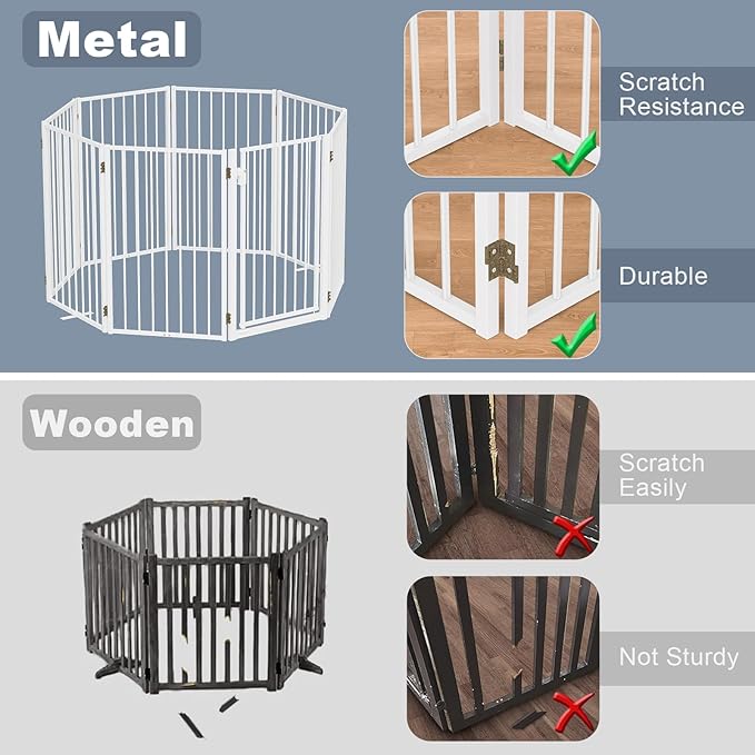 Metal Freestanding Dog Gates with Door for Outdoor Indoor,160'' Extra Wide 36'' Tall Free Standing Dog Gate for Doorways,Large Openings,Deck,Yard,Porch,Foldable Pet Fence (White,8 Panels)