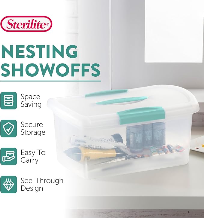 Sterilite Medium Nesting ShowOffs, Stackable Small Storage Bin with Latching Lid and Handle, Plastic Container to Organize Home, Clear, 30-Pack
