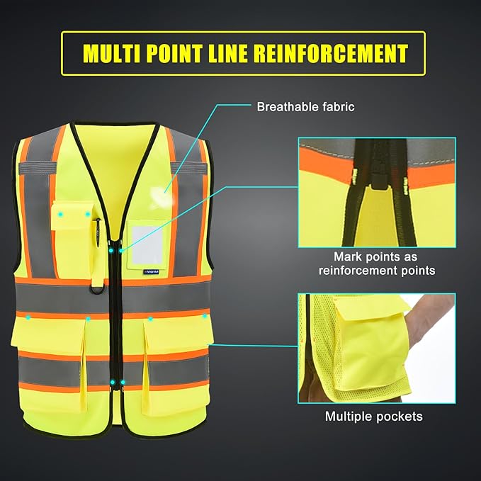 AYKRM 11 color High Vis Reflective Safety Vest for Women Men Security Pocket Zipper