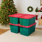 HOMZ 4-Pack Durabilt, Heavy Duty Plastic Storage Bins with Lids, 27 Gallon, Red/Green - Stackable Container Boxes for Holiday, Attic, and Garage Organization