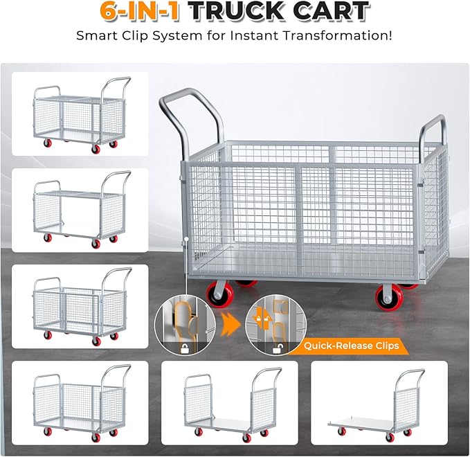 2IN1 Steel Panel Cart Dolly – Heavy Duty Drywall Lumber Truck Cart with 3000 LBS Capacity, 44 x 28 Inch 2.2MM Steel Plate, 6" Swivel Brake Wheels, 1 Front & 3 Side Handrails (X Large with Cage)