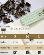 Assorted Binder Clips 0.75/1/1.25in 25-Pack - Bronze Tone Clips for Office & Home
