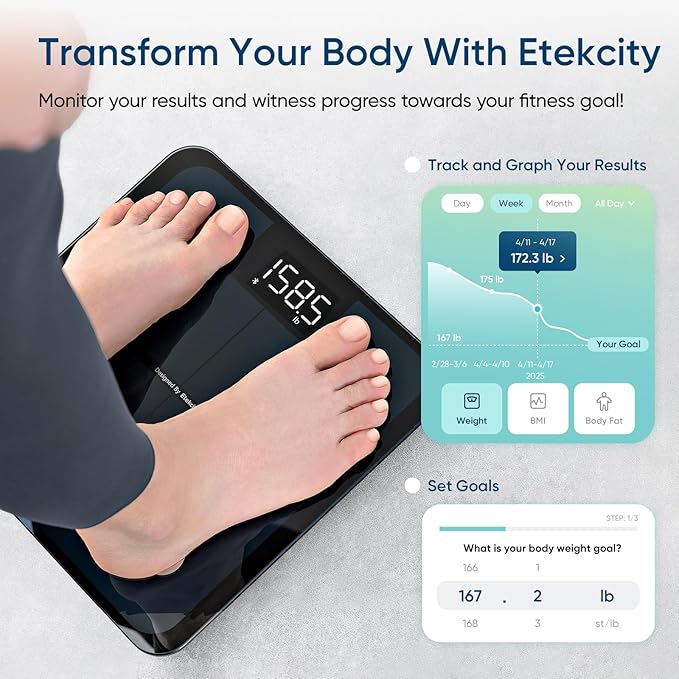 Etekcity Smart Scale for Body Weight, FSA&HSA Eligible, Bathroom Digital Weighing Scale with BMI, Body Fat, Muscle Mass, Accurate Bluetooth Home User Health Equipment Sync Apps