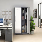 LUCYPAL Slim Broom Storage Cabinet with Shelves,Metal Cleaning Tool Cabinet with Locking Doors and Hanging Rod,Tall Broom Utility Closet Cabinets for Kitchen,Pantry,Home Office,White&Grey