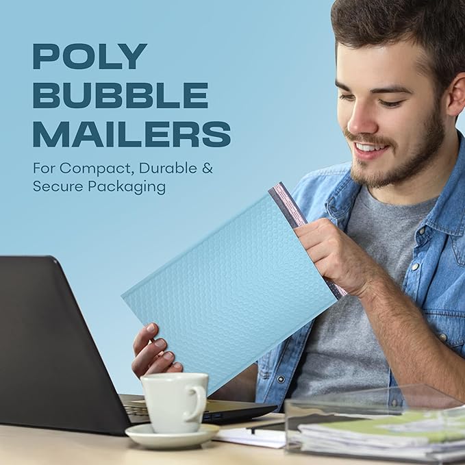 Light Blue Large Poly Bubble Mailers 9.5x14.5 inch #4 | Self Seal Padded Envelopes Cushioned Bubble Mailer | Usable Size 9.5x13.5 | WaterProof | Lightweight mailing Shipping Bags | 100 Pack Bulk