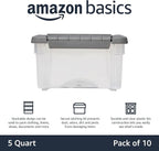 Amazon Basics Plastic Storage Containers with Secure Latching Lids, Stackable Organization Bins, Clear/Grey, 5 Quart, Set of 10