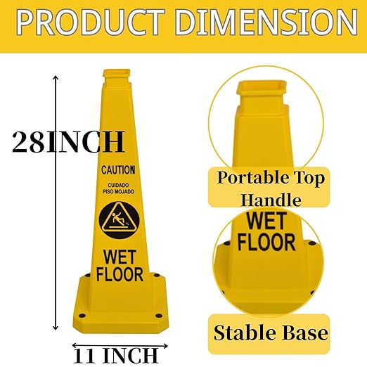 BESEA Caution Wet Floor Sign 3 Pack, 28" Heavy Duty Safety Cone with Weighted Base, Yellow 4-Sided Bilingual Warning Sign, Non-Slip Floor Safety Cone for Restaurants, Stores, Schools, Hotels