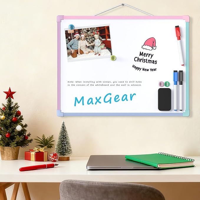 MaxGear Double-Sided Dry Erase Board for Wall, 16"x12" Hanging Whiteboard, Small Dry Erase White Board kit, Portable Whiteboard for Planning, Drawing, Memo, to Do List, Macaron Frame