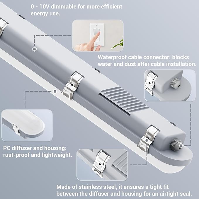 JTT 8FT LED Vapor Tight Light 120/100/80W Tunable, 18000lm LED Vapor Proof Lighting Fixture IP66, 5000K/4000K/3000K Outdoor Shop Light Waterproof for Parking Garage Car Wash Warehouse ETL Listed