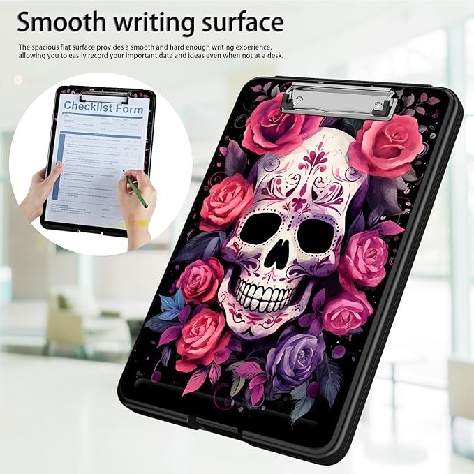 Clipboard with Storage,Office Supplies Nursing Clipboards Folder with Pen Holder Plastic Foldable Clip Board with Storage for Nurse Teacher,Flowers Skull