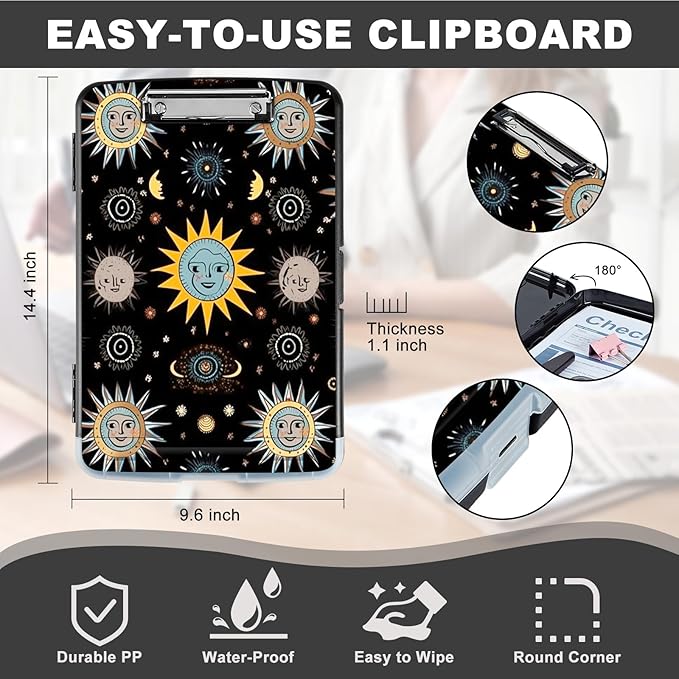 Clipboard with Storage,Storage Clipboard with Pen Holder,Heavy Duty Plastic Storage Clipboard with Low Profile Clip, Clipboard Folder, Teacher Must Haves, Office Supplies,Moon Suns