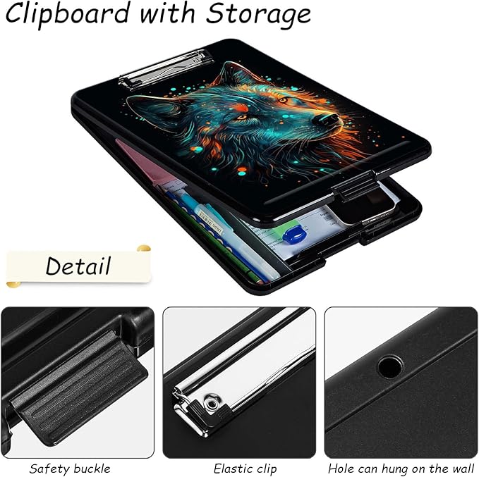 Clipboard with Storage, High Capacity Plastic Storage Clipboard with Pen Holder for Women Teachers Work, School & Office Supplies, Cute Pattern Decorative Clipboards, Colorful Wolf