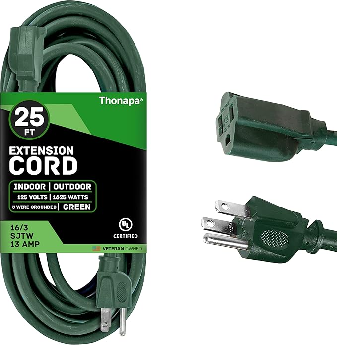 13 Amp Outdoor Extension Cord 25 ft, 16/3 SJTW 25ft Green Extension Cord 3 Prong, Weatherproof for Outdoor Lights, Landscaping & Lawn - US Veteran Owned