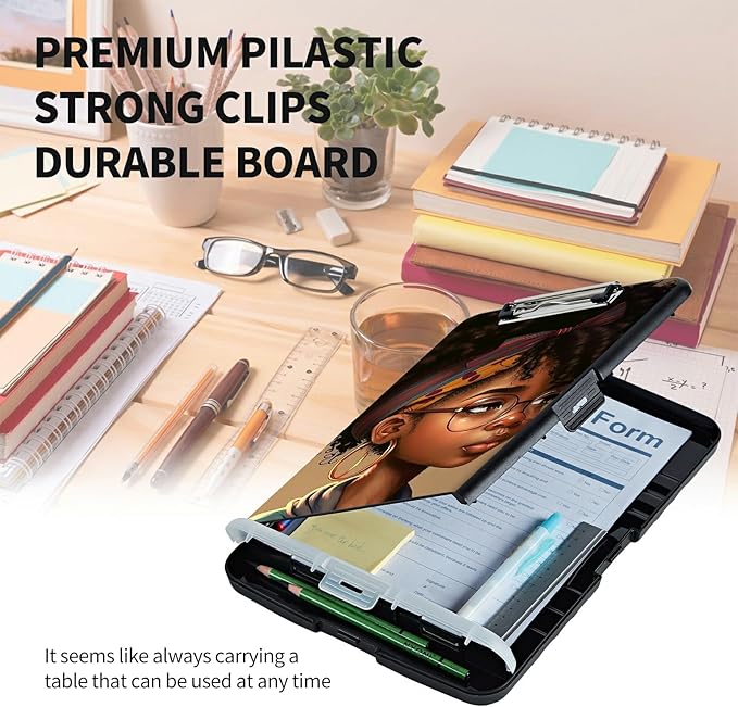 Clipboard with Storage High Capacity Plastic Nursing Clipboards with Pen Holder File Folder Storage Box Clipboard with Heavy Duty Clips for Teacher,Doctor,Offices-Black African American