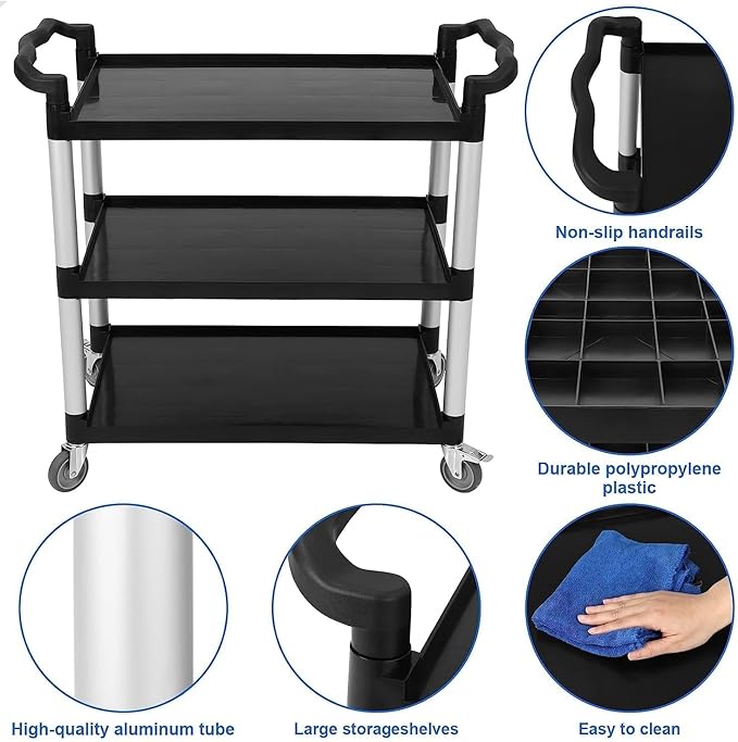 Heavy Duty 360 Restaurant Cart, 42'Wx20'Dx39'H, 3-Shelf Plastic, Lockable Wheels, Extra Large for Foodservice/Restaurant/Cleaning (Black)