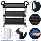 Heavy Duty 360 Restaurant Cart, 42'Wx20'Dx39'H, 3-Shelf Plastic, Lockable Wheels, Extra Large for Foodservice/Restaurant/Cleaning (Black)