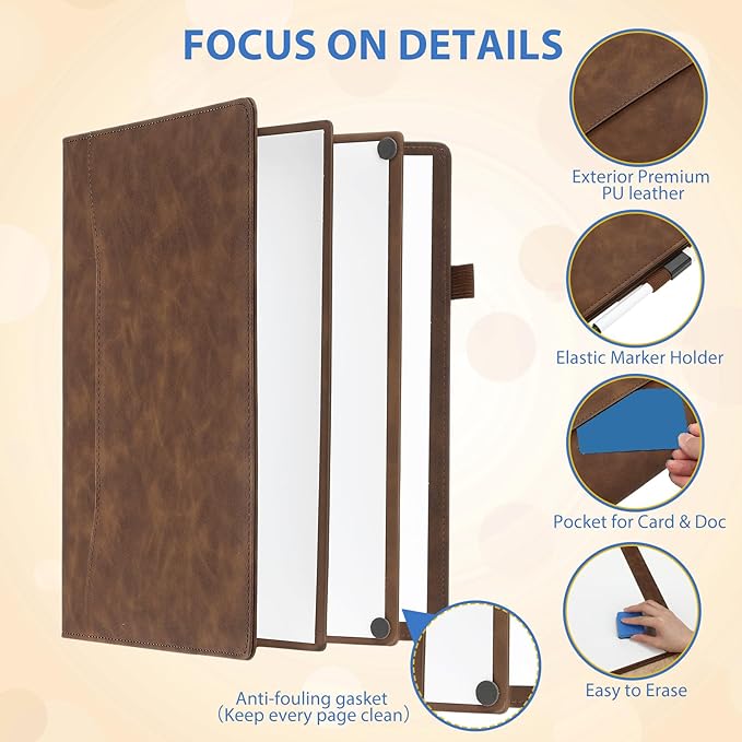 6 Sides Whiteboard Notebook Portable Whiteboard Dry Erase Notebook Portable Dry Erase Board Double Sided Folding Whiteboards White Board for Office Study Meeting(Brown,A4: 9"×12”)