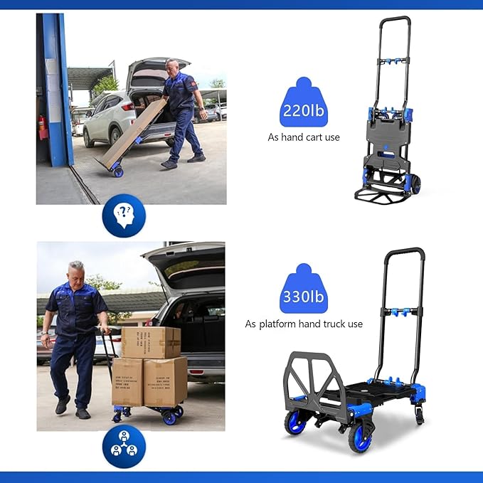 2 in 1 Hand Truck Dolly Foldable, 330LB Folding Hand Truck Heavy Duty Carrying, Folding Hand Cart with Retractable Handle Dolly Cart for Moving