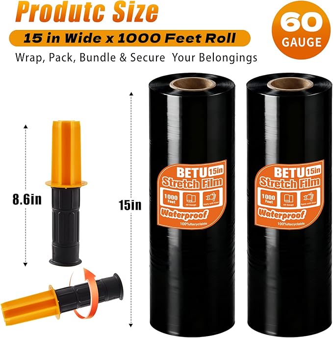 Black Stretch Film Shrink Wrap for Moving Supplies (15inch, 2 Pack) x 1000ft, Industrial Strength Plastic Wrap Stretch Roll for Pallet Wrapping Shipping Moving Boxes Storage Furniture with Handles
