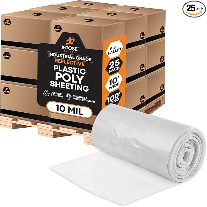 Xpose Safety Clear Plastic Sheeting (Bulk Half Pallet 25 Pack) – 10' x 100' Rolls – Heavy Duty 10 Mil Poly Sheet – Waterproof, Dustproof, Vapor Barrier – for Construction, Painting, Industrial Use