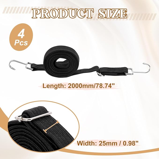 uxcell 4Pcs Adjustable Bungee Cords with Hooks, 79 Inch Flat Heavy Duty Elasticity Straps Rubber Bungee Cords with Buckle for Outdoor, Camping, Tarp, Bike Rack, Luggage, Black