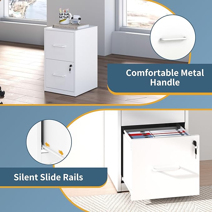 2 Drawer File Cabinet with Lock, Vertical Filing Cabinets for Home Office, Metal Storage Cabinet, Heavy Duty File Cabinet for Under Desk, Amssebly Required, White