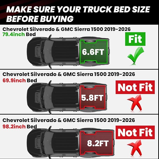 LASFIT Truck Bed Mat 2019-2026 for Chevrolet Chevy Silverado 1500 | GMC Sierra 1500 (Only Fit 6.6FT Bed), Bed Liner for Chevy Silverado GMC Sierra 1500, Not Fit Optional CarbonPro Bed