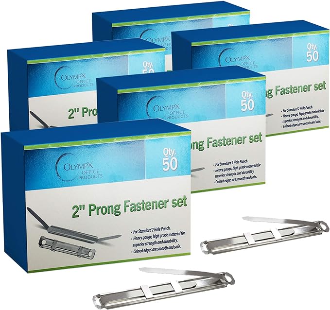 OLYMPX 250 Pcs of 2? Capacity Premium Metal Prong Paper Fastener Complete Set, 2.75 Inch Base with Standard 2-Hole Punch Compressor for Paper File Folder, Pack of 5 Boxes, 50 per Box