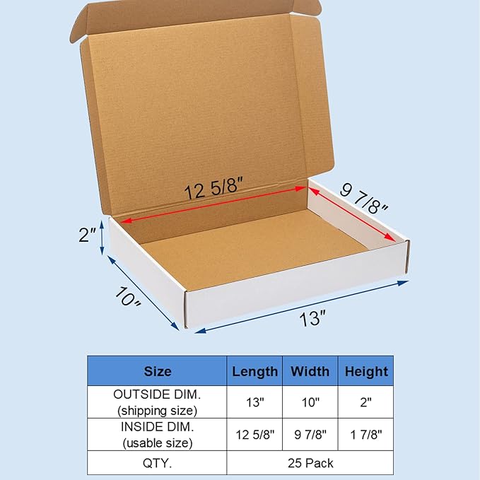 White Shipping Boxes 13x10x2" 25 Pack - Corrugated Cardboard Box Mailers for Small Business, Literature Mailer Packaging Supplies