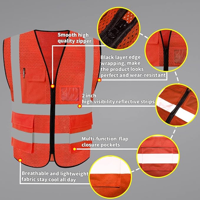 HYCOPROT High Visibility Mesh Safety Reflective Vest with Pockets and Zipper, Meets ANSI/ISEA Standards