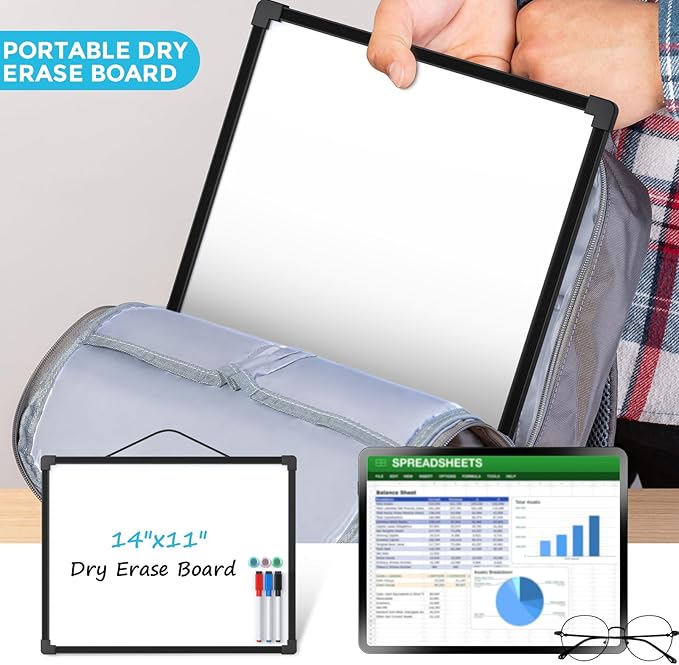 MaxGear Double-Sided Dry Erase Board, 14"x11" Mini Hanging Whiteboard, Small White Board with 3 Dry Erase Markers and 3 Magnets, Portable for Planning, Drawing, Memo, to Do List, Black Frame